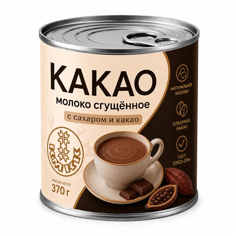 Банка цельного сгущённого молока с сахаром и какао, 370 г